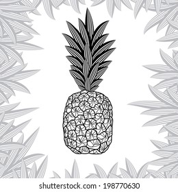 pineapple fruit black and white design isolated on white background. Vector illustration