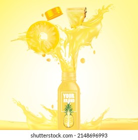 Pineapple fruit bottle design with pineapple fruit juice splashes.illustration 