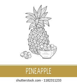 A pineapple. Fruit. Bowl with pieces of fruit. Sketch. Monochrome.