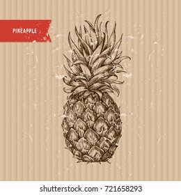 Pineapple fruit cardboard illustration. Botanical fruit. Engraved pineapple. Vector illustration