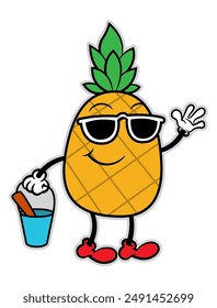 Pineapple fruit cartoon characters wearing sunglasses and building sand castle with shovel toys and bucket. Best for sticker, logo, and mascot with summer themes for kids