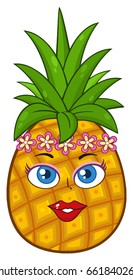 Pineapple Fruit Cartoon Mascot Character Woman Face With Hawaiian Flower Lei Garland Wreath. Vector Illustration Isolated On White Background
