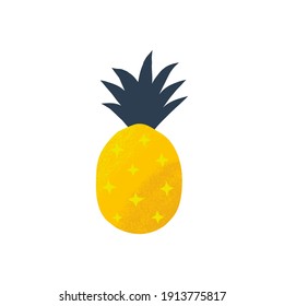 Pineapple Fruit Clip-art Isolated On White Background. Flat Vector Paper Cut Brush Textured Veggie Illustration Bright Coloured Summer Fruity Art Print For Kids