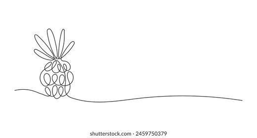 Pineapple fruit in continuous line art style on white background. Minimalist black line doodle. Vector illustration. Template for your design.