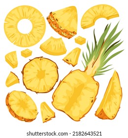 Pineapple fruit cut in half, fresh slices and pieces vector illustration. Cartoon isolated group of flying yellow segments, ripe juicy circles and falling triangle fragments, healthy vitamin snack