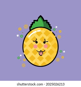 Pineapple Fruit cute logo flat on purple color background, Pineapple Fruit cute icons, Pineapple Fruit icon vector graphics.