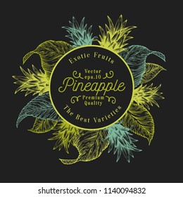 Pineapple fruit design template. Hand drawn vector fruit illustration. Engraved style retro tropical background.