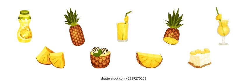 Pineapple Fruit Dessert with Cocktail in Glass and Yoghurt Vector Set