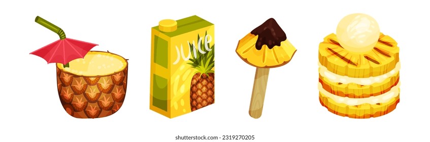 Pineapple Fruit Dessert with Cocktail in Glass and Juice Vector Set