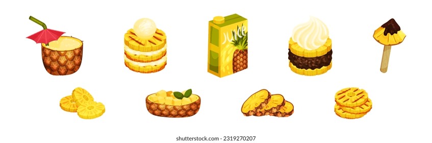 Pineapple Fruit Dessert with Cocktail and Sliced Rings Vector Set