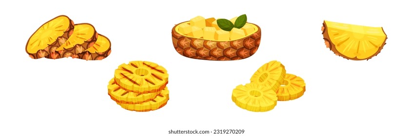 Pineapple Fruit Dessert with Ring and Cubes Vector Set