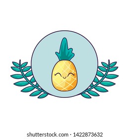 pineapple fruit fresh kawaii in frame circular with leaves