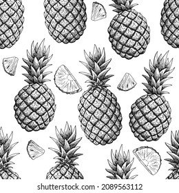 Pineapple fruit graphic black white seamless pattern sketch illustration vector