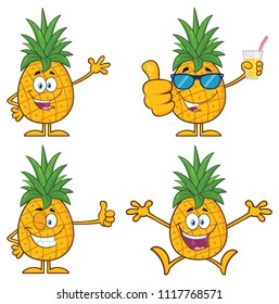 Pineapple Fruit With Green Leafs Cartoon Mascot Character Set 1. Vector Collection Isolated On White Background