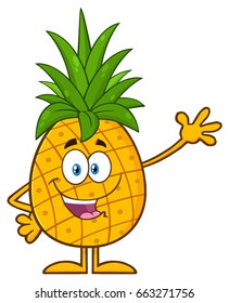 Pineapple Fruit With Green Leafs Cartoon Mascot Character Waving For Greeting. Vector Illustration Isolated On White Background
