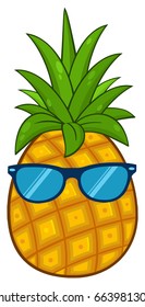 Pineapple Fruit With Green Leafs Cartoon Drawing Simple Design With Sunglasses. Vector Illustration Isolated On White Background