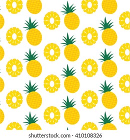 Pineapple fruit with green leaves and slices vector pineapple seamless background