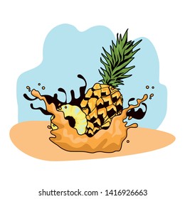 Pineapple fruit half cut with resfreshment drink splash vector illustration graphic design