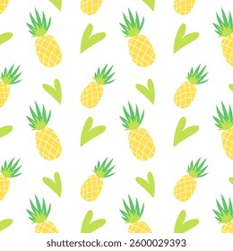 Pineapple fruit, heart, seamless pattern, summer background. Vector flat style illustrations