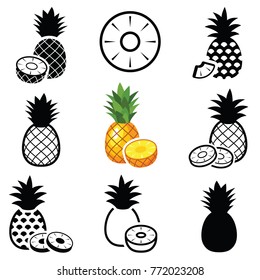 Pineapple Fruit Icon Collection - Vector Outline And Silhouette