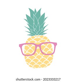 Icono de fruta de piña con gafas. Cute caricatura kawaii, un divertido personaje infantil. Gafas de sol. Hola, verano. Una tarjeta de saludo. Diseño plano. Ilustración del vector