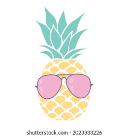 Pineapple fruit icon with glasses. Cute cartoon kawaii, a funny children's character. Sunglasses. Hello, summer. A greeting card. Flat design. Vector illustration