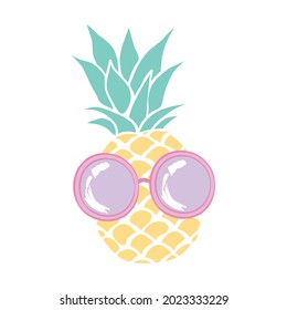 Pineapple fruit icon with glasses. Cute cartoon kawaii, a funny children's character. Sunglasses. Hello, summer. A greeting card. Flat design. Vector illustration