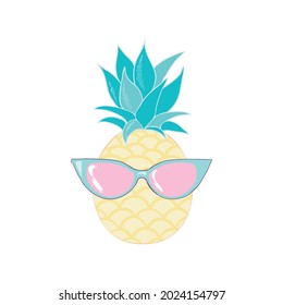 Pineapple fruit icon with glasses. Cute cartoon kawaii, a funny children's character. Sunglasses. Hello, summer. A greeting card. Flat design. 