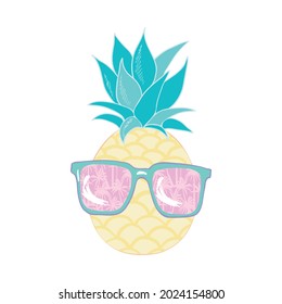 Pineapple fruit icon with glasses. Cute cartoon kawaii, a funny children's character. Sunglasses. Hello, summer. A greeting card. Flat design. 