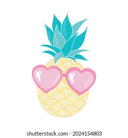 Pineapple fruit icon with glasses. Cute cartoon kawaii, a funny children's character. Sunglasses. Hello, summer. A greeting card. Flat design. 