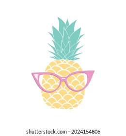 Pineapple fruit icon with glasses. Cute cartoon kawaii, a funny children's character. Sunglasses. Hello, summer. A greeting card. Flat design. 