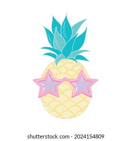 Pineapple fruit icon with glasses. Cute cartoon kawaii, a funny children's character. Sunglasses. Hello, summer. A greeting card. Flat design. 