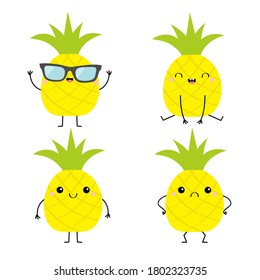 Pineapple fruit icon set. Cute cartoon kawaii smiling funny baby character. Hello summer. Happy, sad angry, smiling emotions. Hands, legs. Sunglasses. Greeting Card Flat design White background Vector
