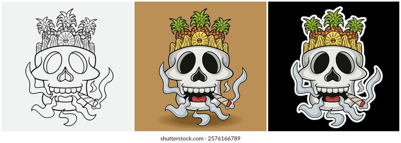 Pineapple Fruit Inside Skull Head With Smoking Character Cartoon. Black White, Colorful and Sticker Style. For T shirt print, Brand Logo, Label and Mascot product. Vectors Illustrations