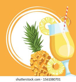 pineapple fruit and juice over yellow background, colorful design , vector illustration