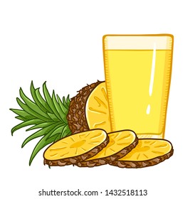 Pineapple Fruit and Juice. Vector Cartoon Illustration of Glass with Pineapple Juice.