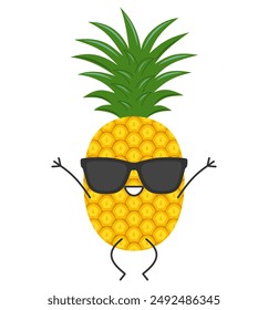 Pineapple fruit jumping greeting cute character cartoon sweet smiling face cheerful kawaii joy happy emotions icon vector illustration.