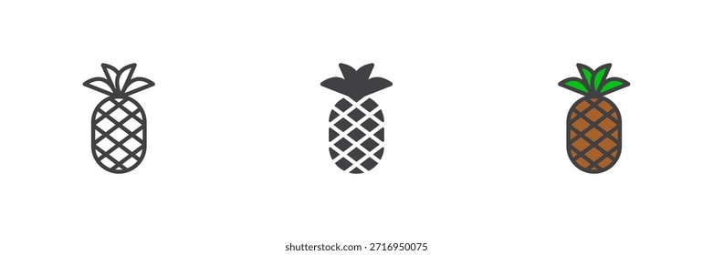 Pineapple fruit with leaves different style icon set. Line, solid and filled outline colorful icon, vector sign and symbol. Tropical pineapple icon for summer sale design.