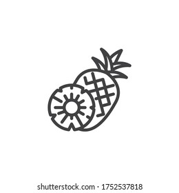 Ananas-Fruchtlinie-Symbol lineares Stilzeichen für mobiles Konzept und Webdesign. Ananas, ganz und in Scheiben umrissen Vektorsymbol. Ananas-Symbol, Logo-Abbildung. Vektorgrafik