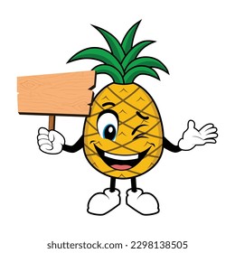 Pineapple Fruit Mascot Cartoon Holding Up A Blank Wood Sign