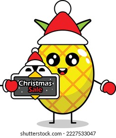 pineapple fruit mascot vector cartoon character wearing a santa hat and holding a christmas sale board