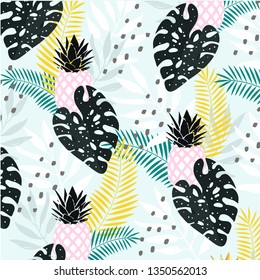 Pineapple fruit with monstera leaves pattern, palms print, jungle background, vector illustration