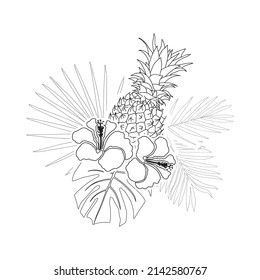 pineapple fruit and palm leaves