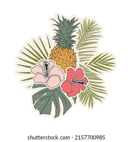 pineapple fruit and palm leaves 