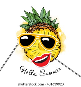 Pineapple fruit with a photo booth props. Vector illustration.