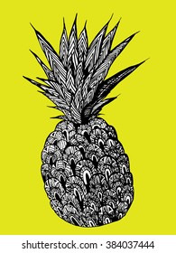 A pineapple. Fruit. Plant. Exotic fruit. Sweet fruit. Food. Print. Profile. Zentangl. Decorative. Stylized. Line art. Drawing by hand. Black and white. Isolated. Tattoo. Linear. Dudling. Graphic arts.