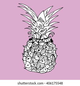 A pineapple. Fruit. Plant. Exotic fruit. Sweet fruit. Food. Print. Profile. Zentangl. Decorative. Stylized. Line art. Drawing by hand. Black and white. Isolated. Tattoo. Linear. Dudling. Graphic arts.
