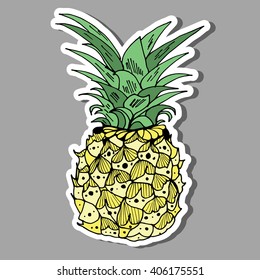 A pineapple. Fruit. Plant. Exotic fruit. Sweet fruit. Food. Print. Profile. Zentangl. Decorative. Stylized. Line art. Drawing by hand. Black and white. Isolated. Tattoo. Linear. Dudling. Graphic arts.