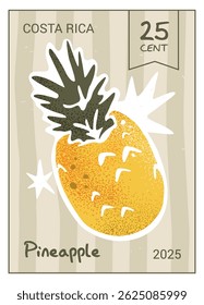 Pineapple fruit postage stamp template. Vector vintage style design isolated on transparent background. Hand-drawn mail postmark with exotic tropical fruit . Bright and trendy cartoon sticker.