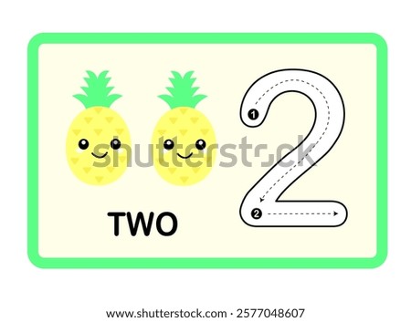 Pineapple Fruit Printable Number, Tracing Guide Flashcards